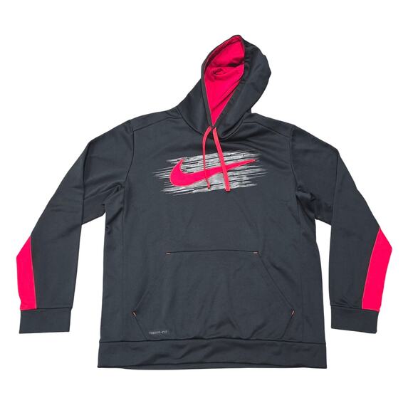 Nike Therma Fit Pullover Hoodie Sweatshirt Black Red Center Swoosh Sweater - Picture 1 of 7